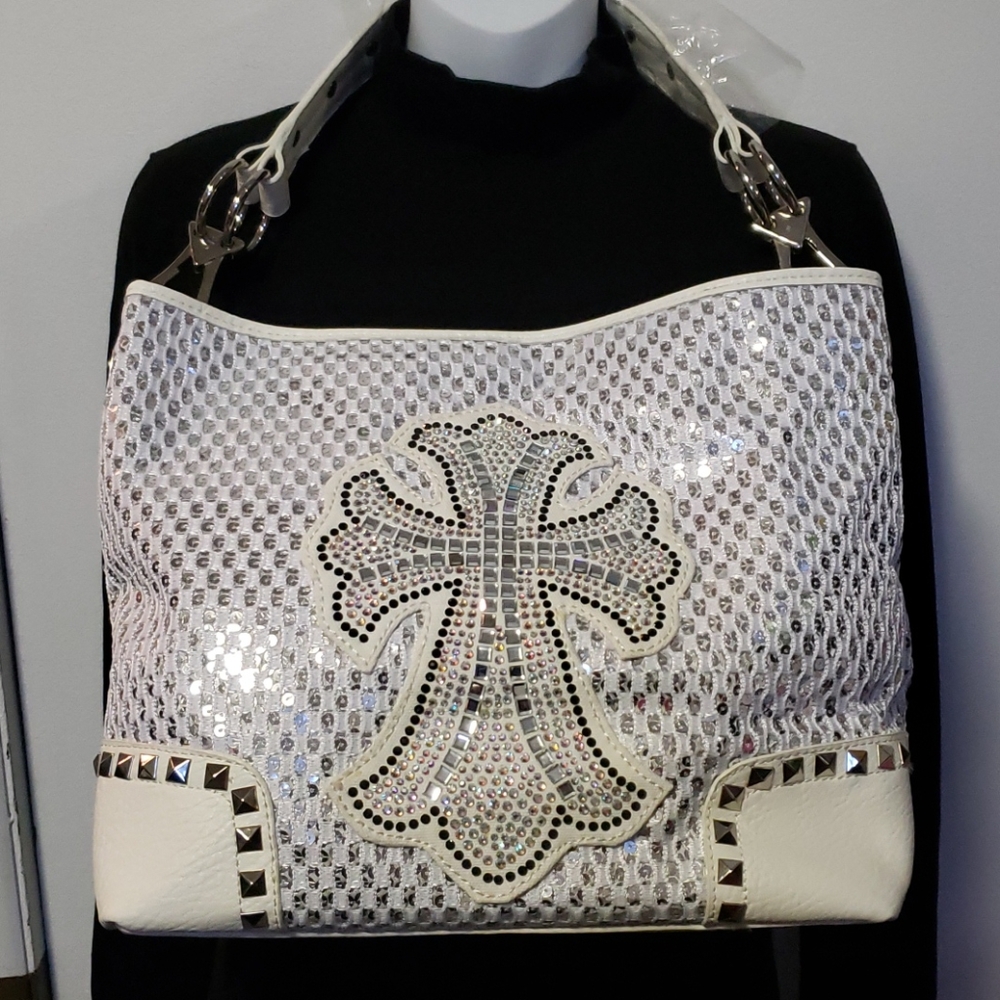 NWT! White cross rhinestone bling handbag!